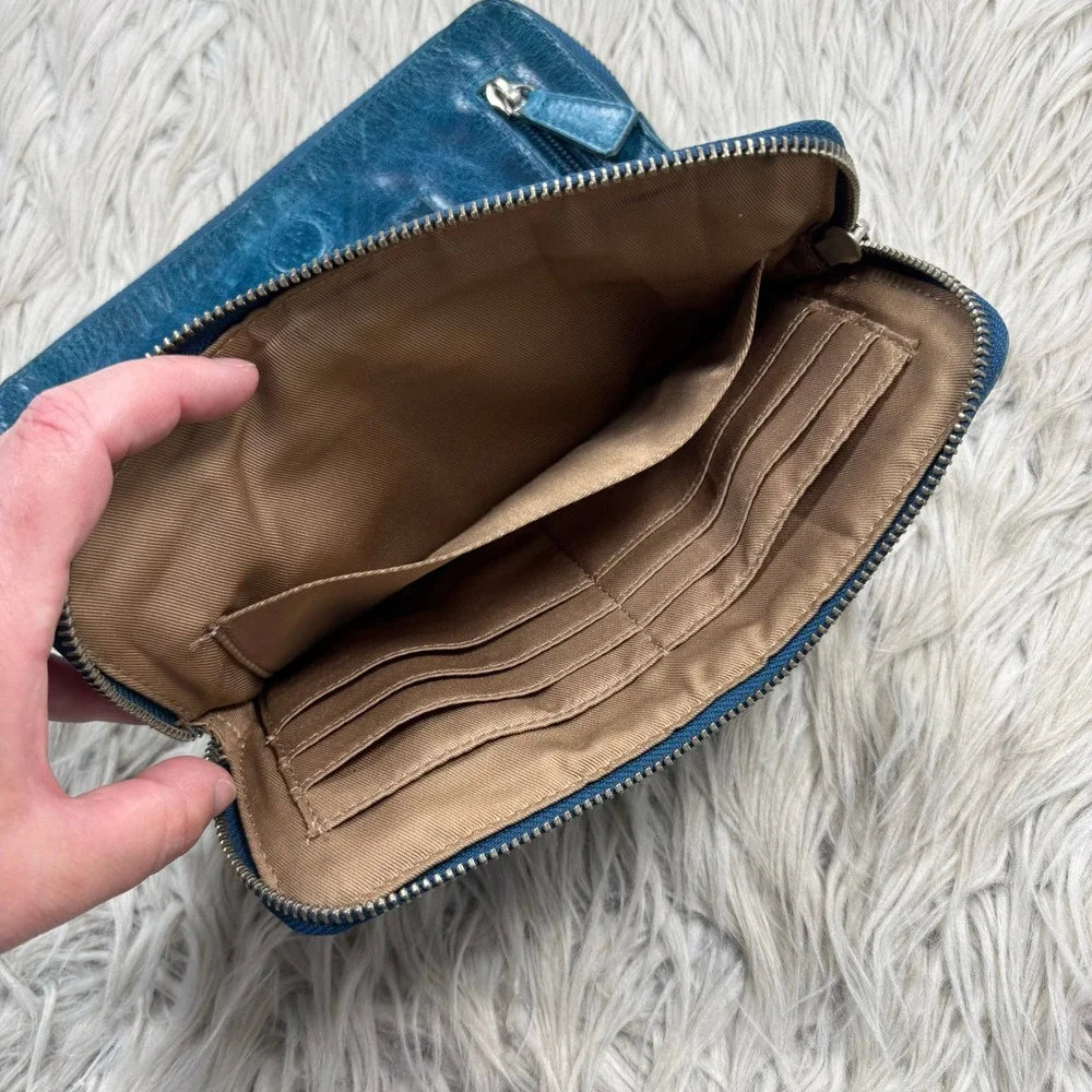 Tano Teal Distressed Leather Boi-Fold Wallet Clutch Card Organizer Boho Artsy